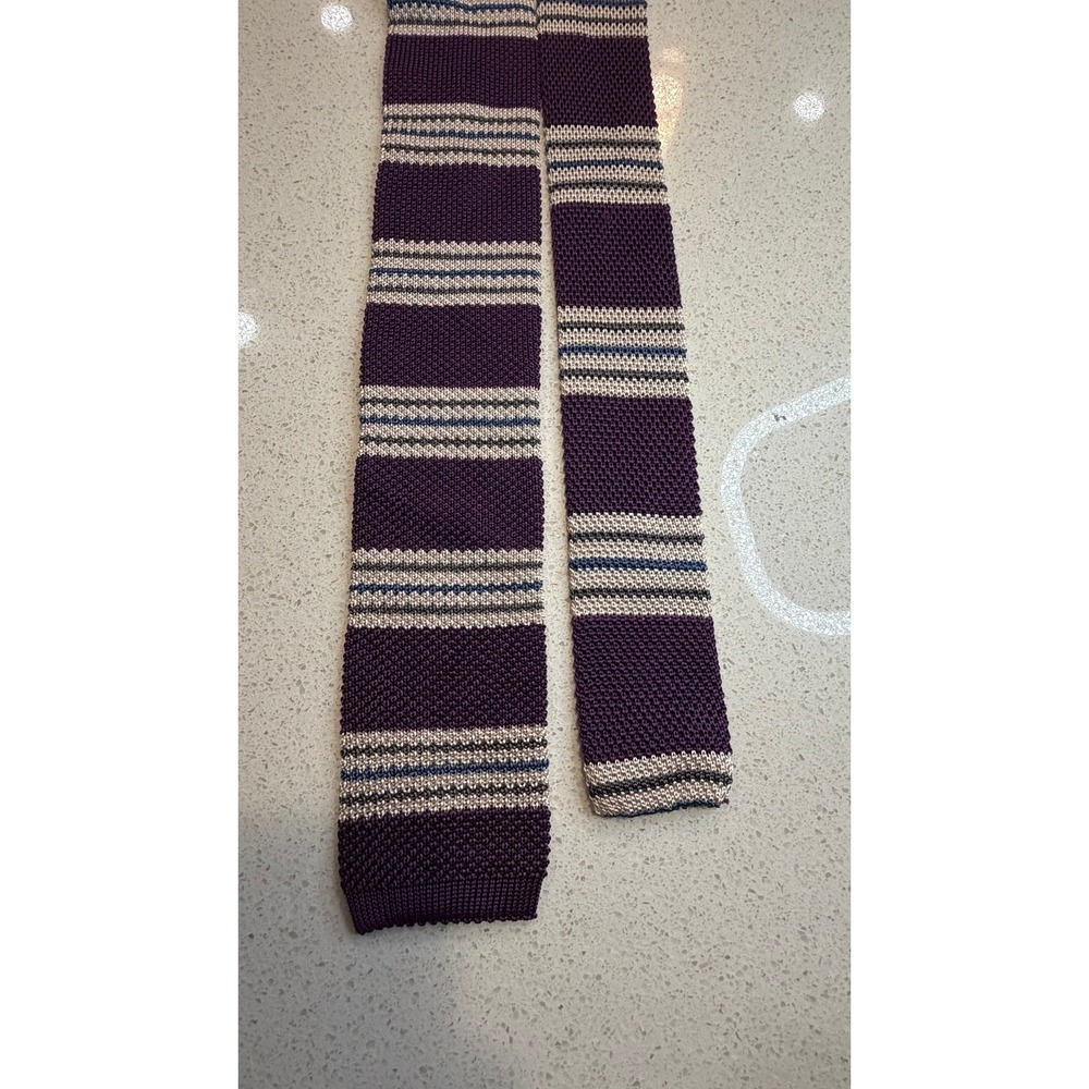 Brooks Brothers Mens Silk Knit Tie Purple Striped Square Bottom Skinny Necktie